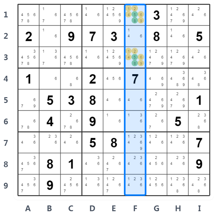 Sudoku Hidden Pair Example - Column Analysis