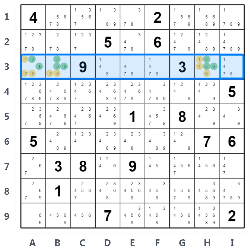 Sudoku Hidden Triples Example - Row Analysis