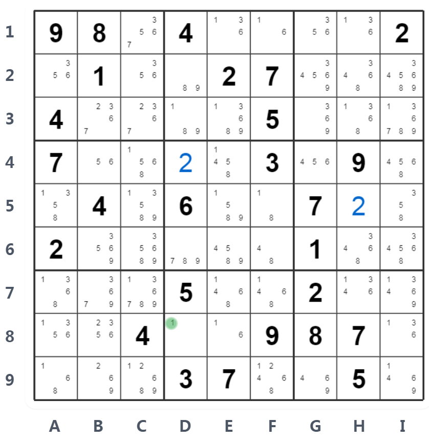 Naked Single Example - D8 has only candidate 1