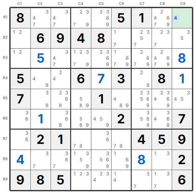 Naked Single Example - R1C9 has only candidate 4